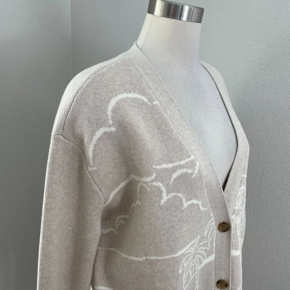 Lands End Womens Medium Beige‎ Cardigan Palm Tree Cotton Button Up Sweater